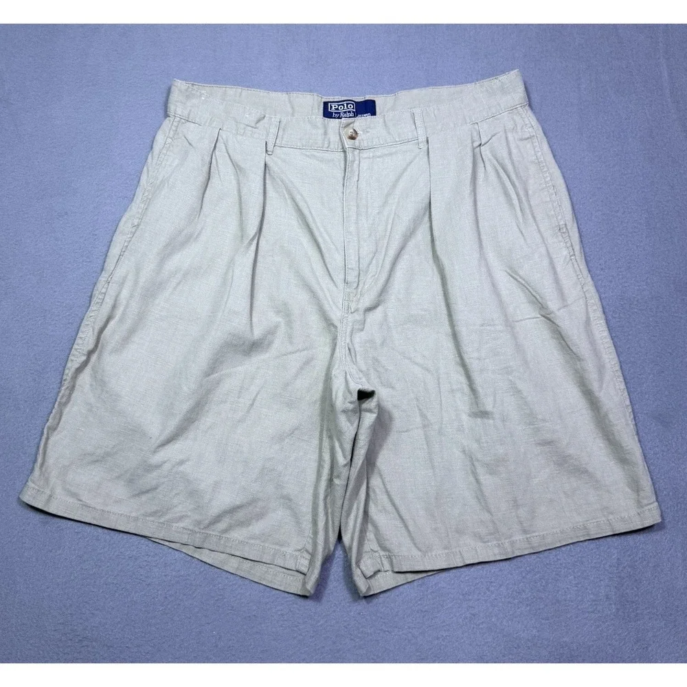VINTAGE Polo Ralph Lauren Shorts Mens 32 Beige Linen Blend Pleated 9